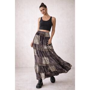 Velvet Patchwork Maxi Skirt Boho Gypsy Vintage Style Tiered Long Skirt Small